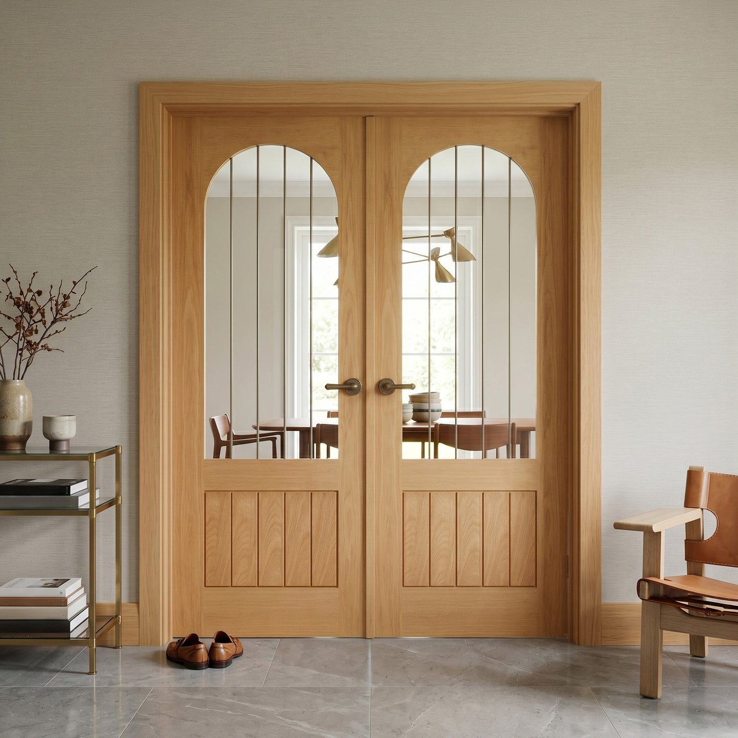 Oak Internal Fully Finished Farley Arched Square Top 1 Panel 1 Light Obscure Lined Clear Glass Double Door