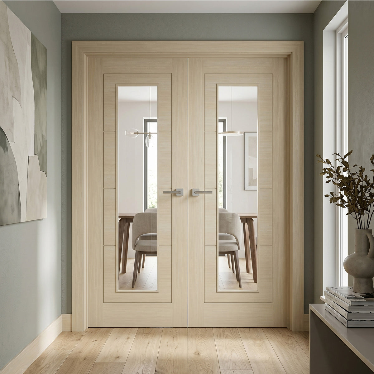 Blonde Oak Fully Finished Endure Laminate Ladder Clear Glass Internal Double Door