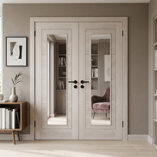 Ivory Fully Finished Internal Endure Laminate Ladder Clear Glass Double Door
