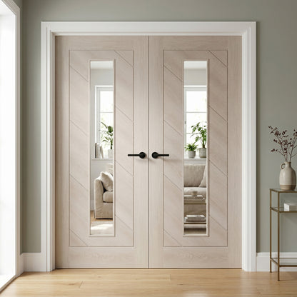 Ivory Fully Finished Endure Laminate Stockholm Clear Glass Internal Double Door