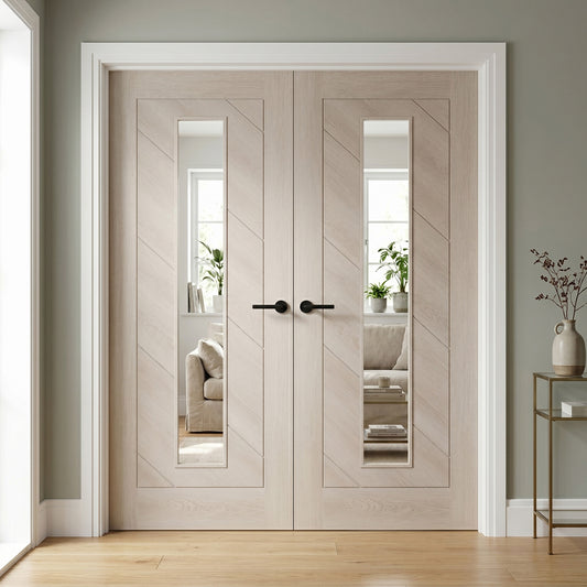 Ivory Fully Finished Endure Laminate Stockholm Clear Glass Internal Double Door