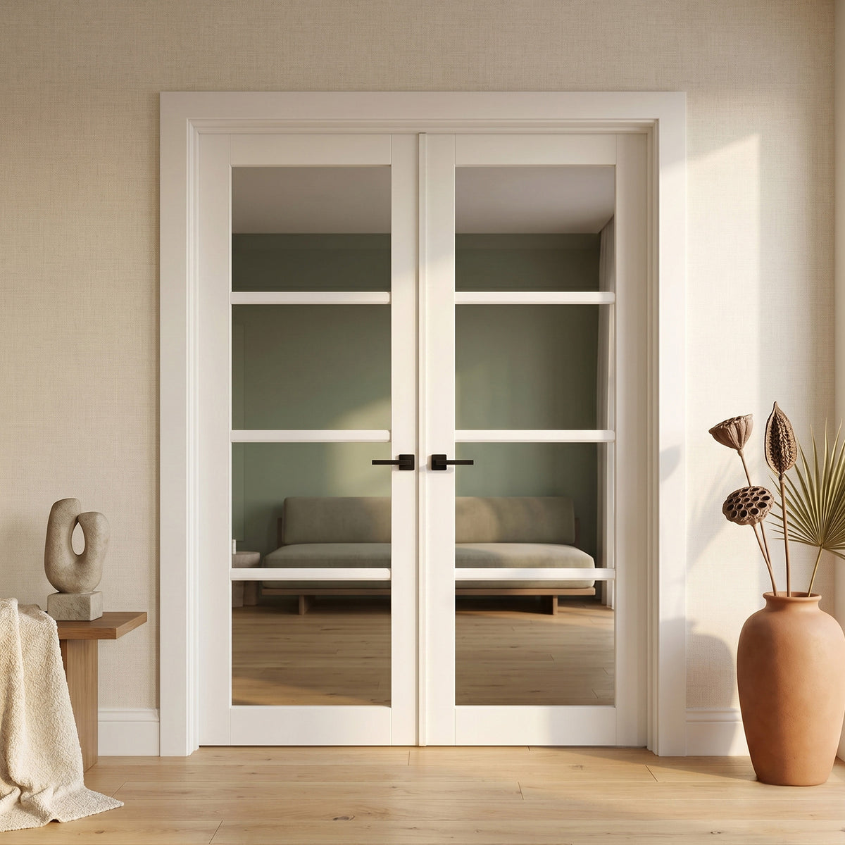 White Primed Studio Industrial 4 Light Clear Glass Internal Double Door