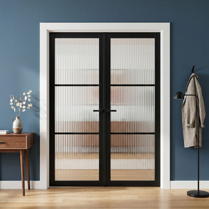 Jet Black Fully Finished Industrial Studio 3 Light Reeded Glass Internal Double Door