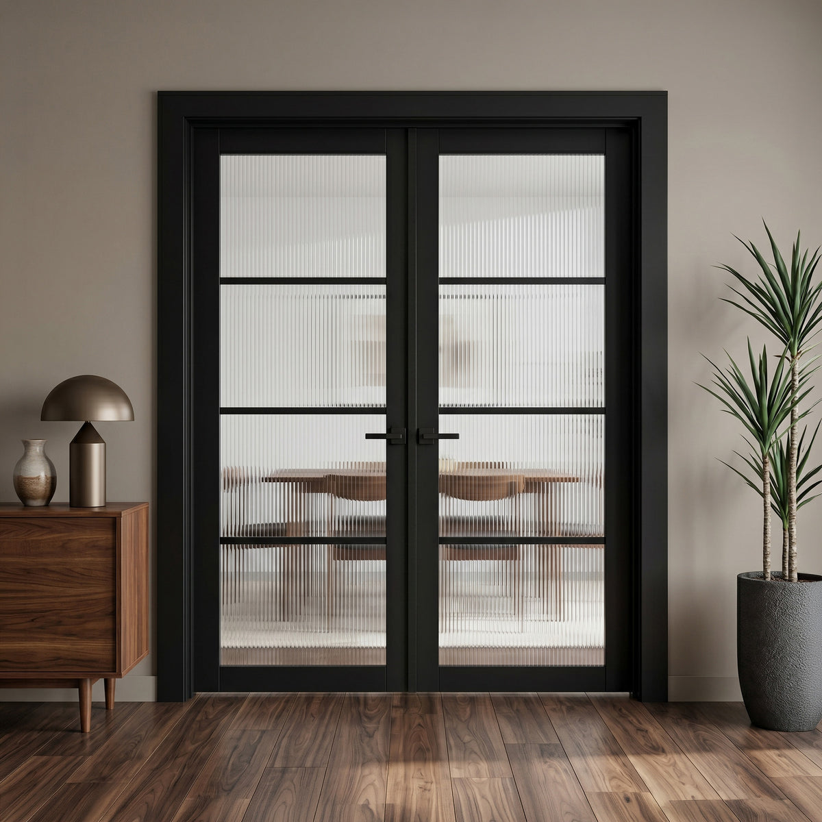 Jet Black Fully Finished Industrial Studio 4 Light Reeded Glass Internal Double Door