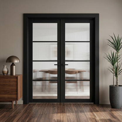 Jet Black Fully Finished Industrial Studio 4 Light Reeded Glass Internal Double Door