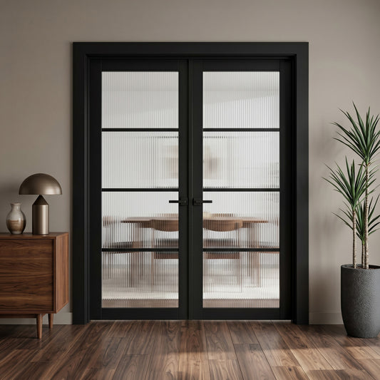 Jet Black Fully Finished Industrial Studio 4 Light Reeded Glass Internal Double Door