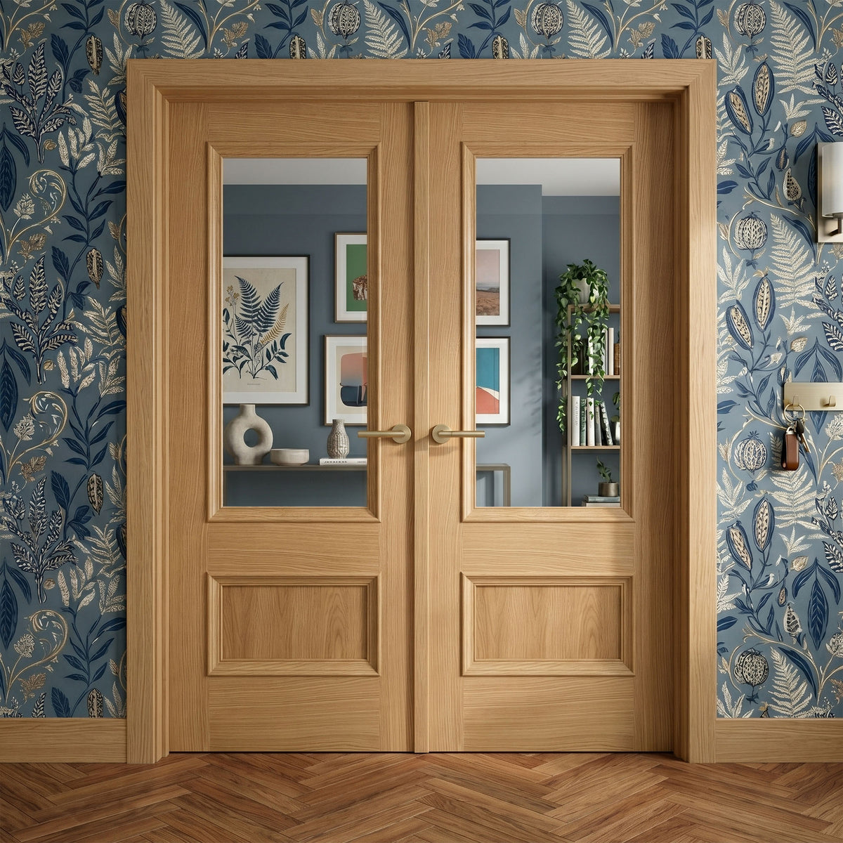Oak Fully Finished Mayfair 2 Panel Clear Glass Internal French Door