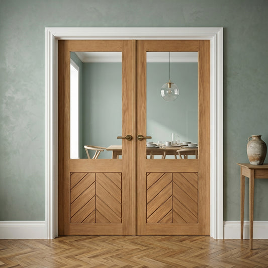 Oak Internal Fully Finished Chevron Clear Glass Double Door