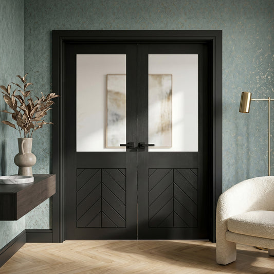 Black Internal Fully Finished Oak Chevron Clear Glass Double Door