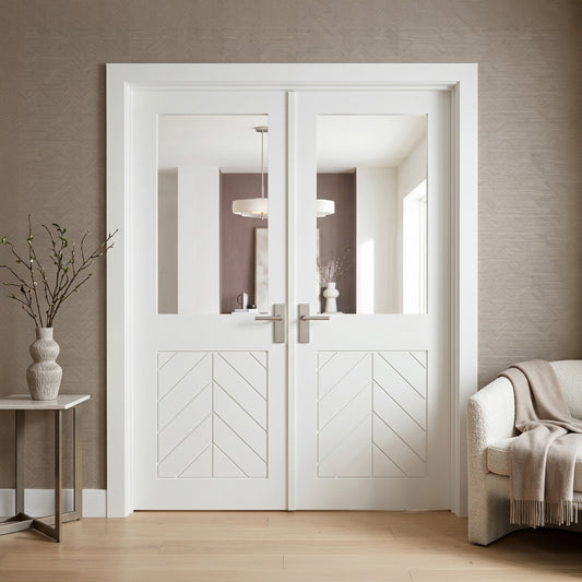 White Internal Primed Chevron Clear Glass Double Door