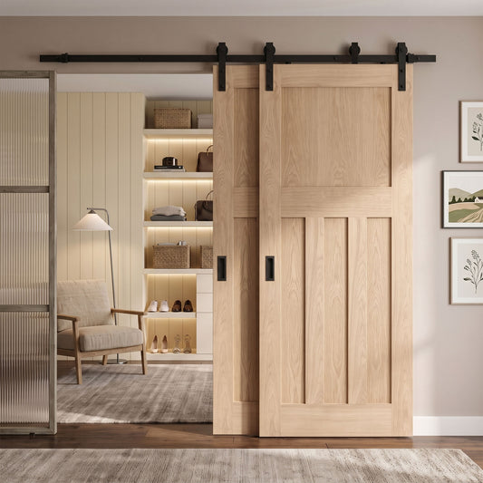 Oak Internal Unfinished 1930's DX 4 Panel Bypass Sliding Door - Black Face Mounted