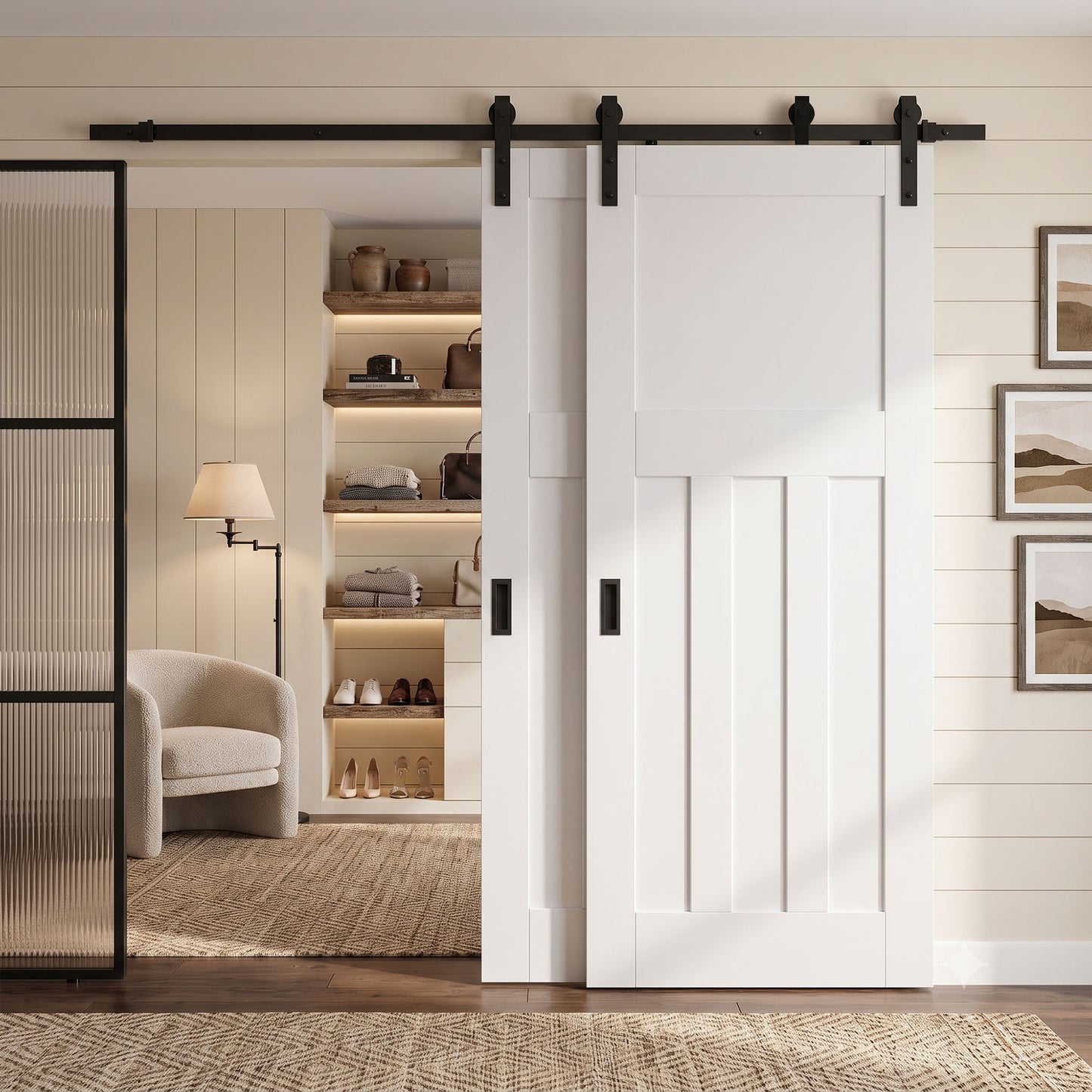 White Primed 1930's DX 4 Panel Bypass Sliding Door - Black Face Mounted