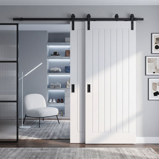 White Primed Cottage Bypass Sliding Door - Black Face Mounted