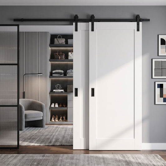White Primed Pattern 10 Bypass Sliding Door - Black Face Mounted