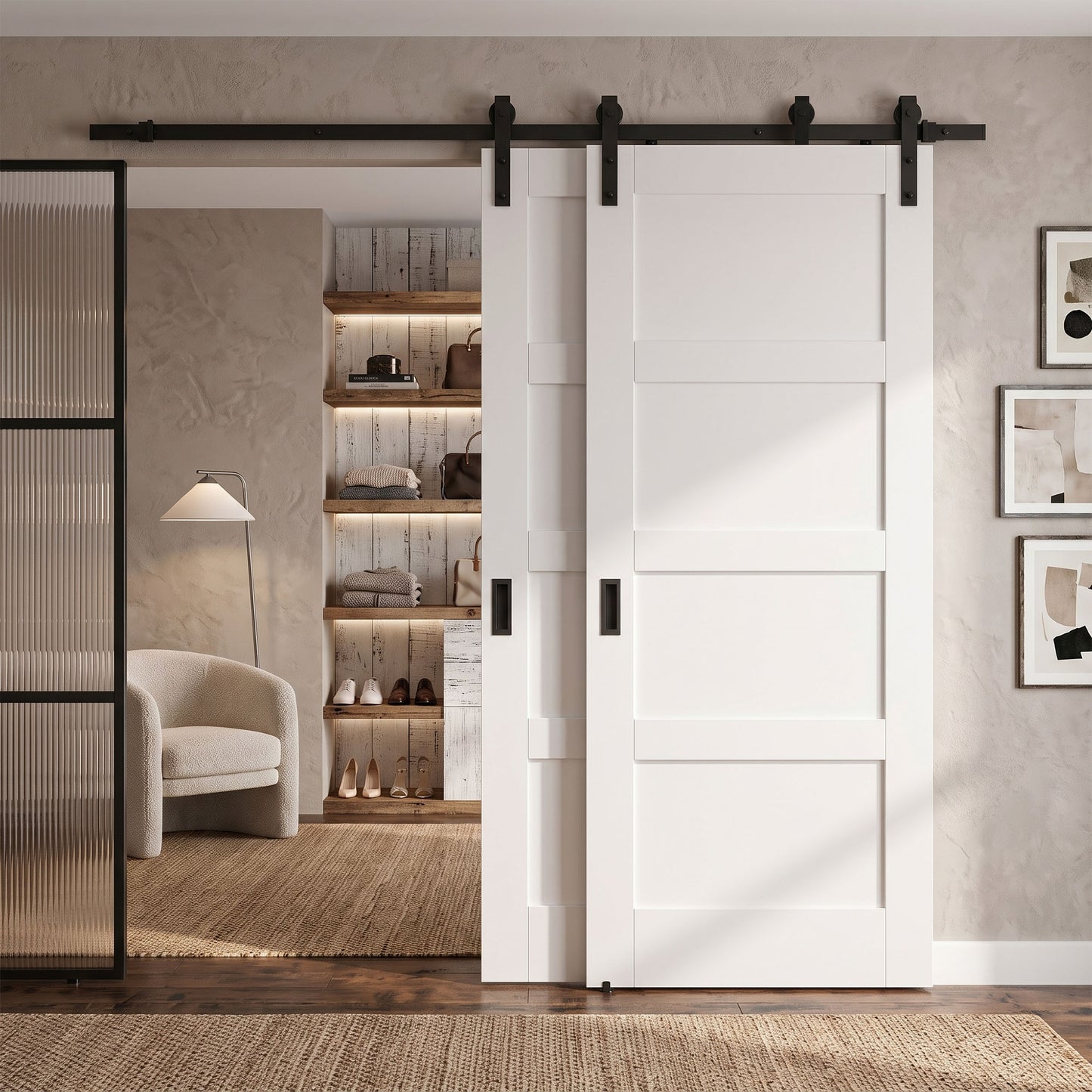 White Primed Shaker 4 Panel Bypass Sliding Door - Black Face Mounted