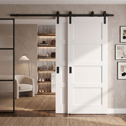 White Primed Shaker 4 Panel Bypass Sliding Door - Black Face Mounted