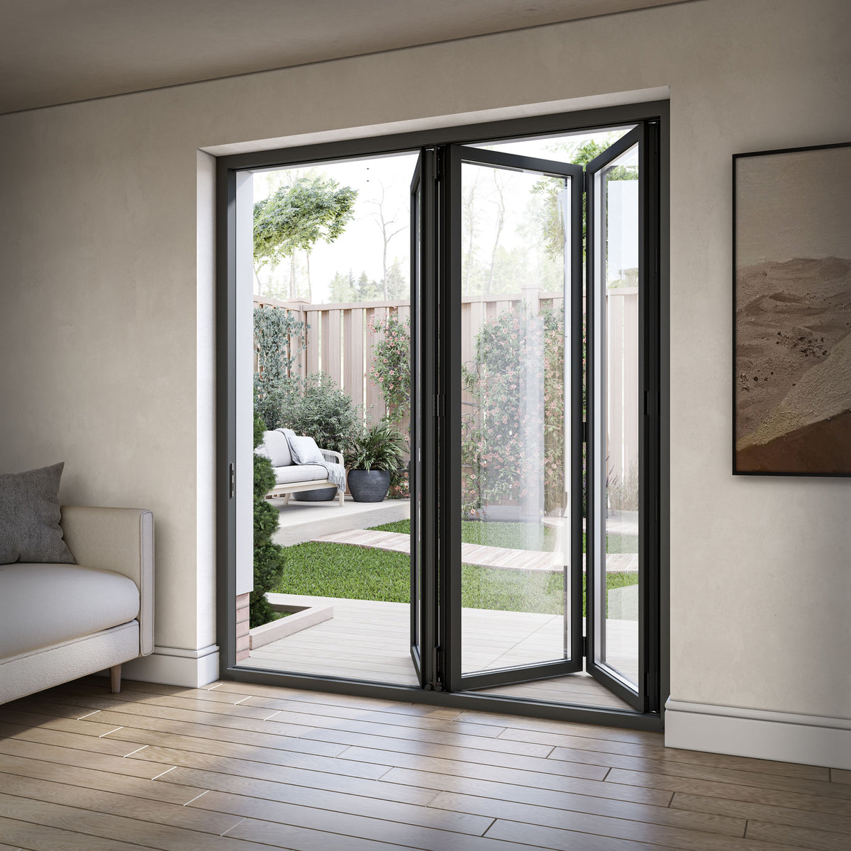 Matt Grey Aluminium External 3+0 Clear Glass Folding Patio Door
