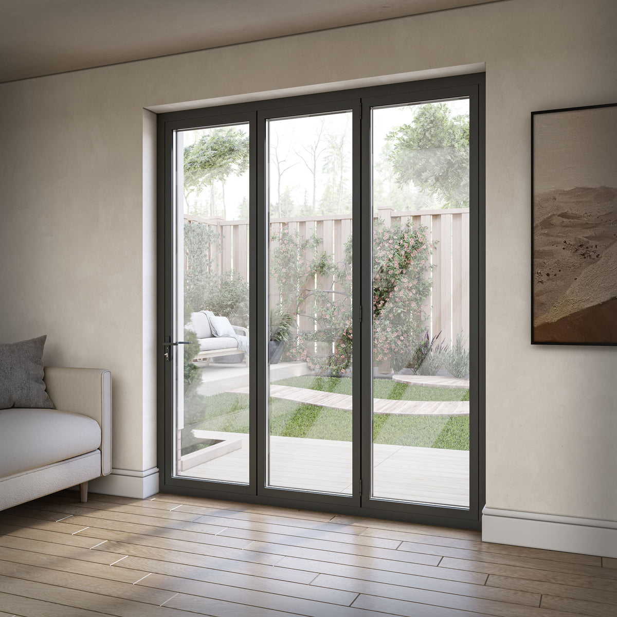 Matt Grey Aluminium External 3+0 Clear Glass Folding Patio Door