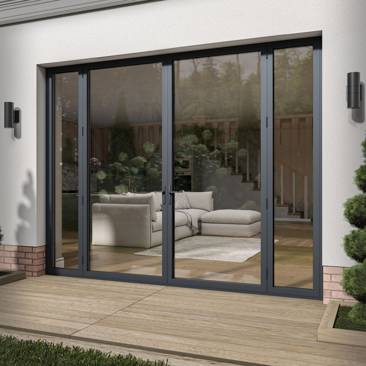 Matt Grey Aluminium External Clear Glass French Patio Door with Sidelights