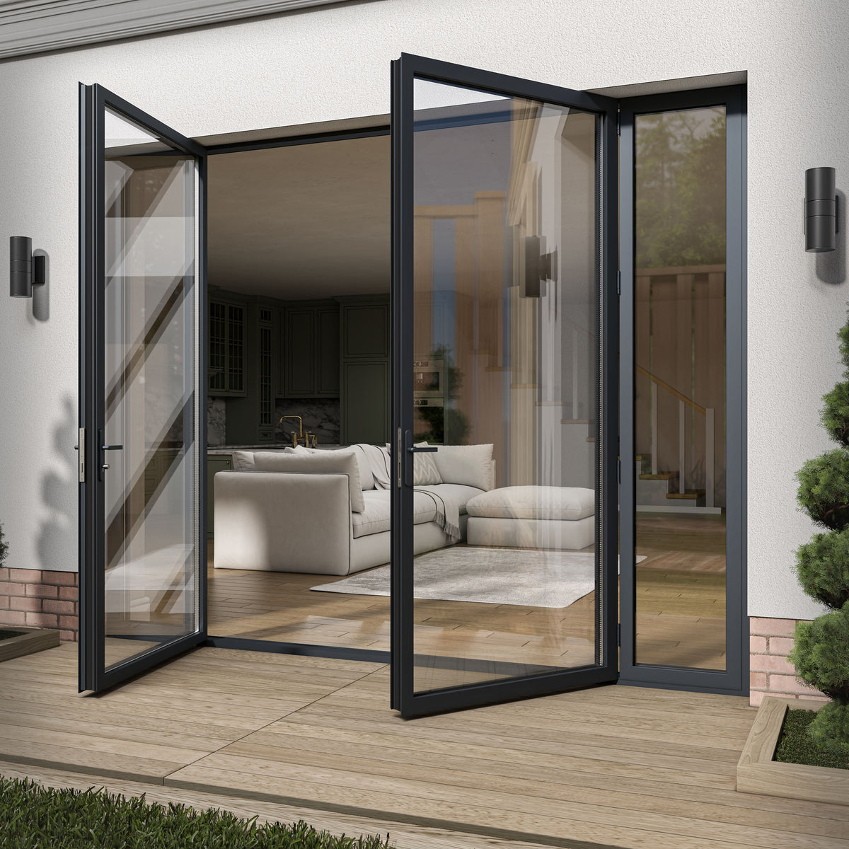 Matt Grey Aluminium External Clear Glass French Patio Door with Sidelights