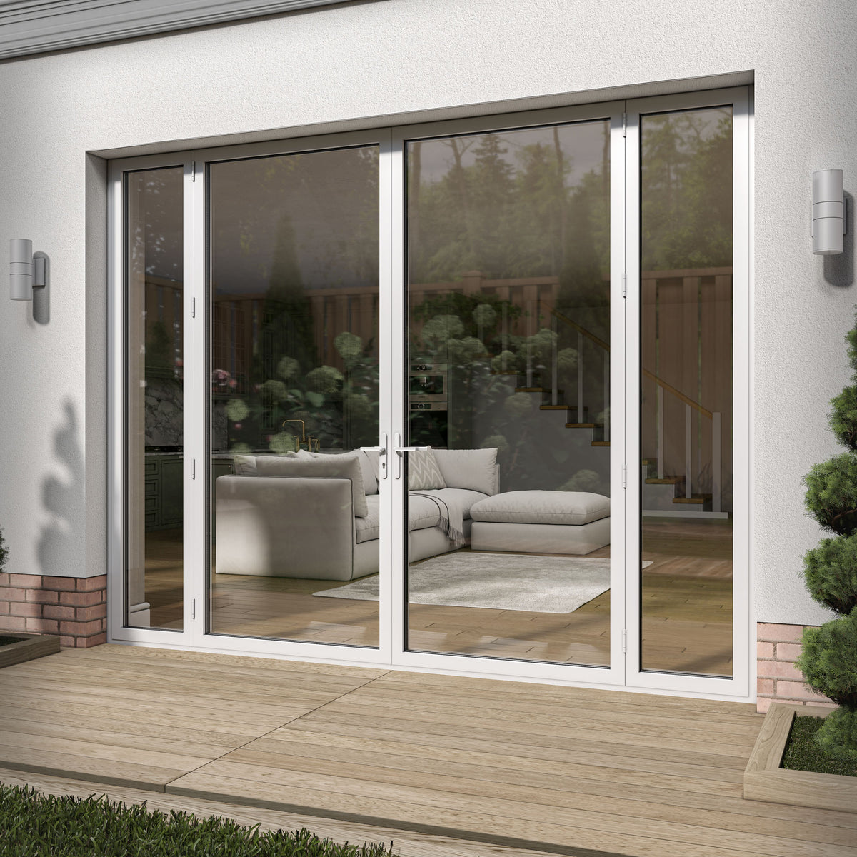 White Aluminium External Clear Glass French Patio Door with Sidelights
