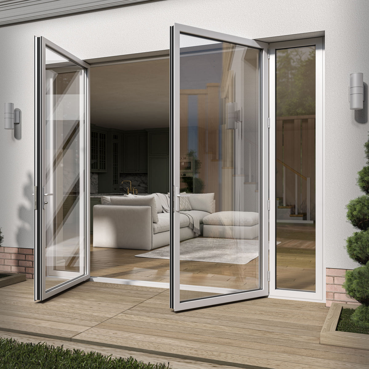 White Aluminium External Clear Glass French Patio Door with Sidelights