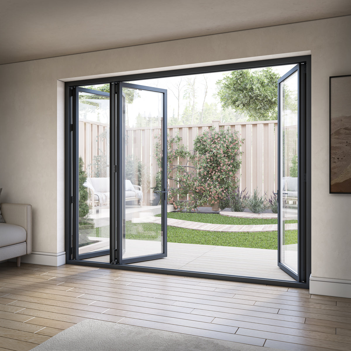 Matt Grey Aluminium External 3+1 Clear Glass Folding Patio Door