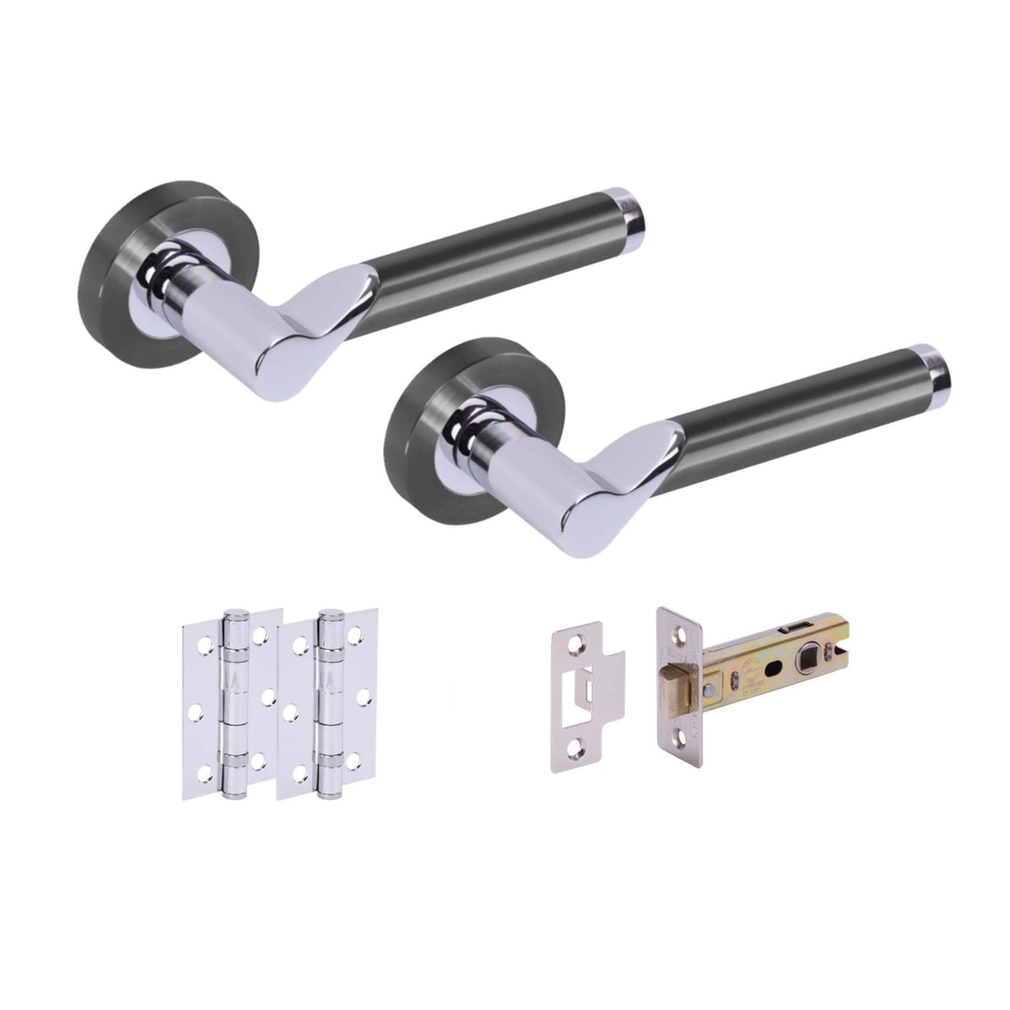 Premium Enterprise Lever On Round Rose Handle Set - Black Nickel and Polished Chrome