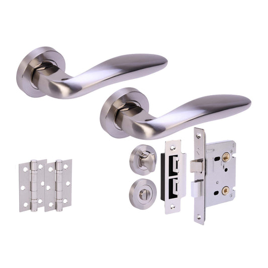 Premium Lancer Lever On Round Rose Bathroom Handle Set - Two-Tone Nickel