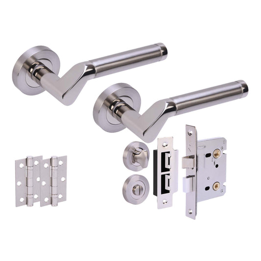 Premium Ventura Lever On Round Rose Bathroom Handle Set - Two-Tone Nickel