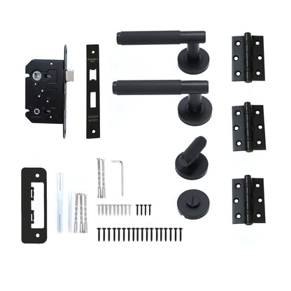 Knurled Lever on Round Rose Bathroom Door Handle Set - Matt Black