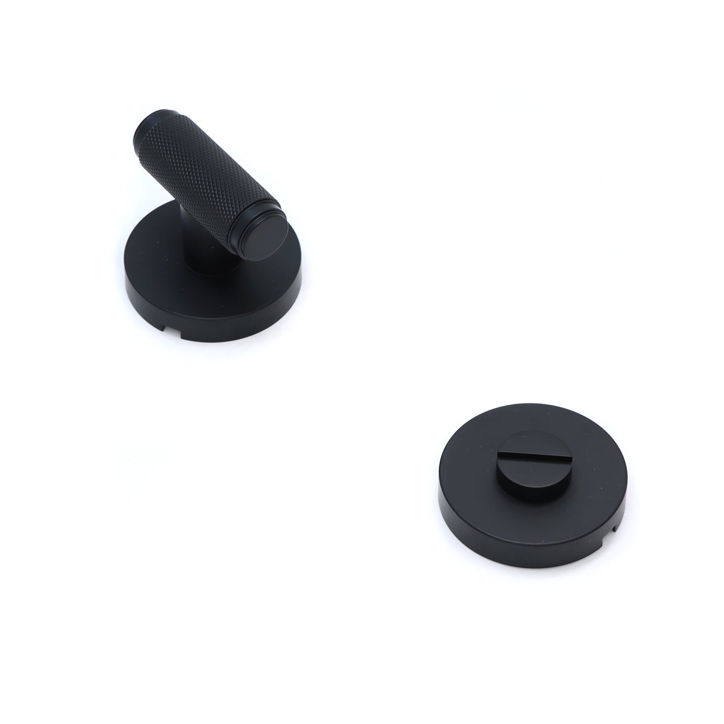Knurled Lever on Round Rose Bathroom Door Handle Set - Matt Black