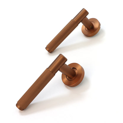 Knurled Lever on Round Rose Door Handle Set - Rose Gold
