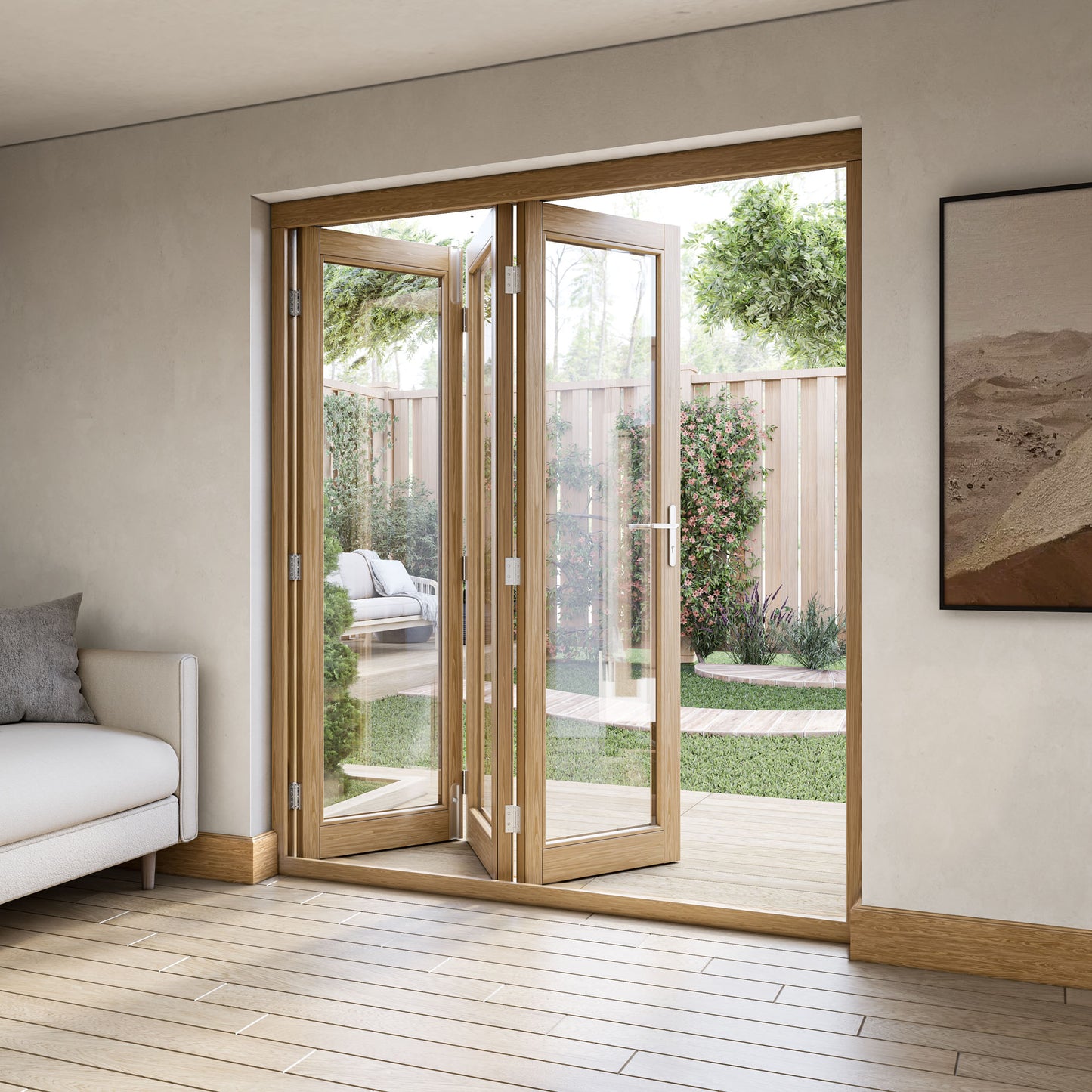 Fully Finished Oak External Folding Patio Door Set (OAKFOLD+HW)
