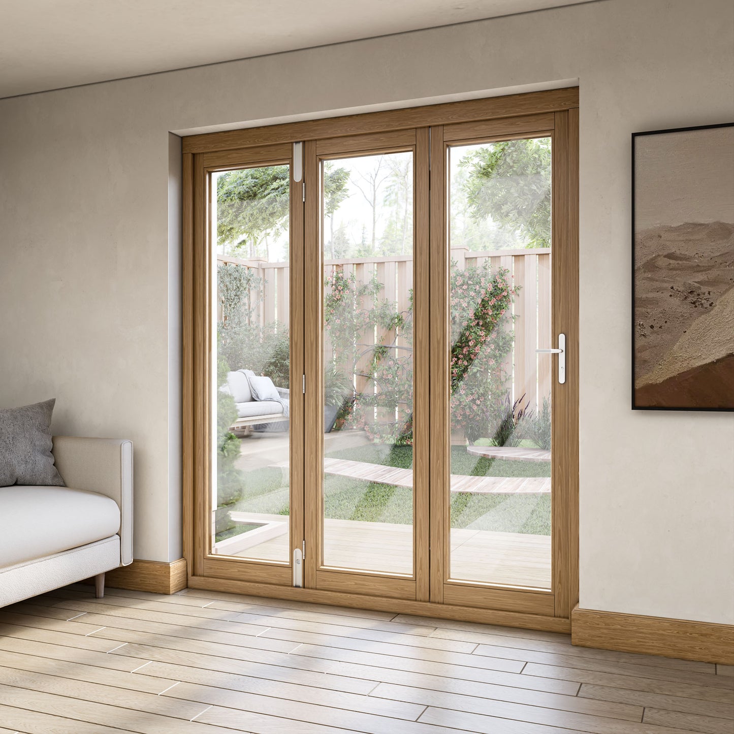 Fully Finished Oak External Folding Patio Door Set (OAKFOLD+HW)