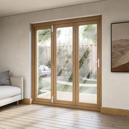 Fully Finished Oak External Folding Patio Door Set (OAKFOLD+HW)