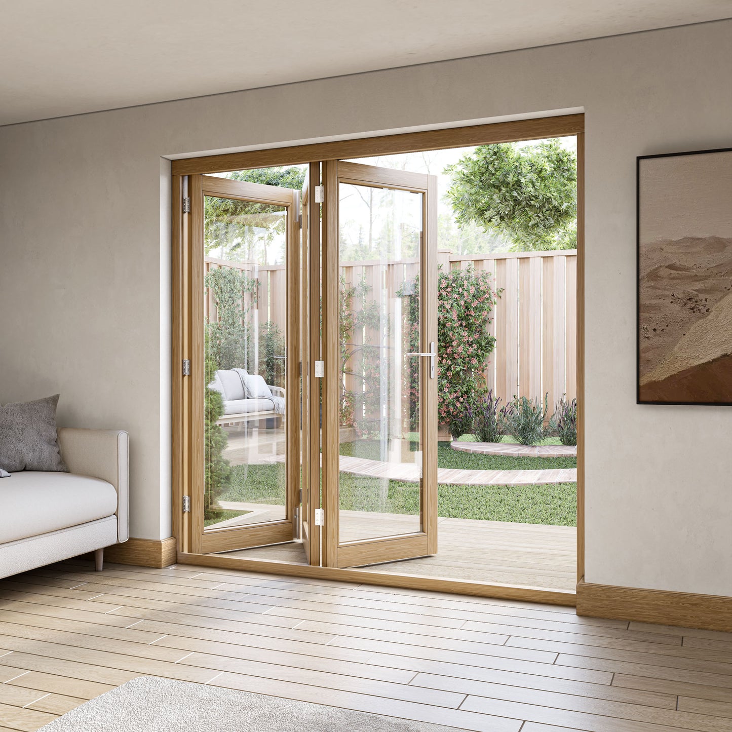 Fully Finished Oak External Folding Patio Door Set (OAKFOLD+HW)