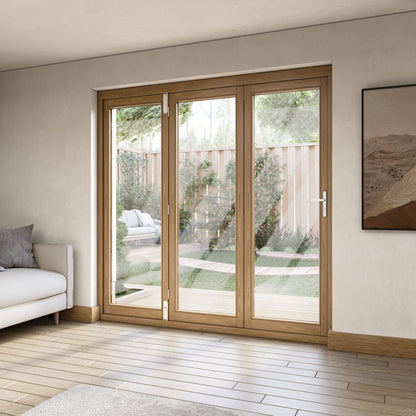 Fully Finished Oak External Folding Patio Door Set (OAKFOLD+HW)