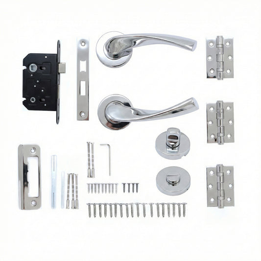 Superior Vega Lever on Round Rose Bathroom Handle Set - Polished Stainless Steel