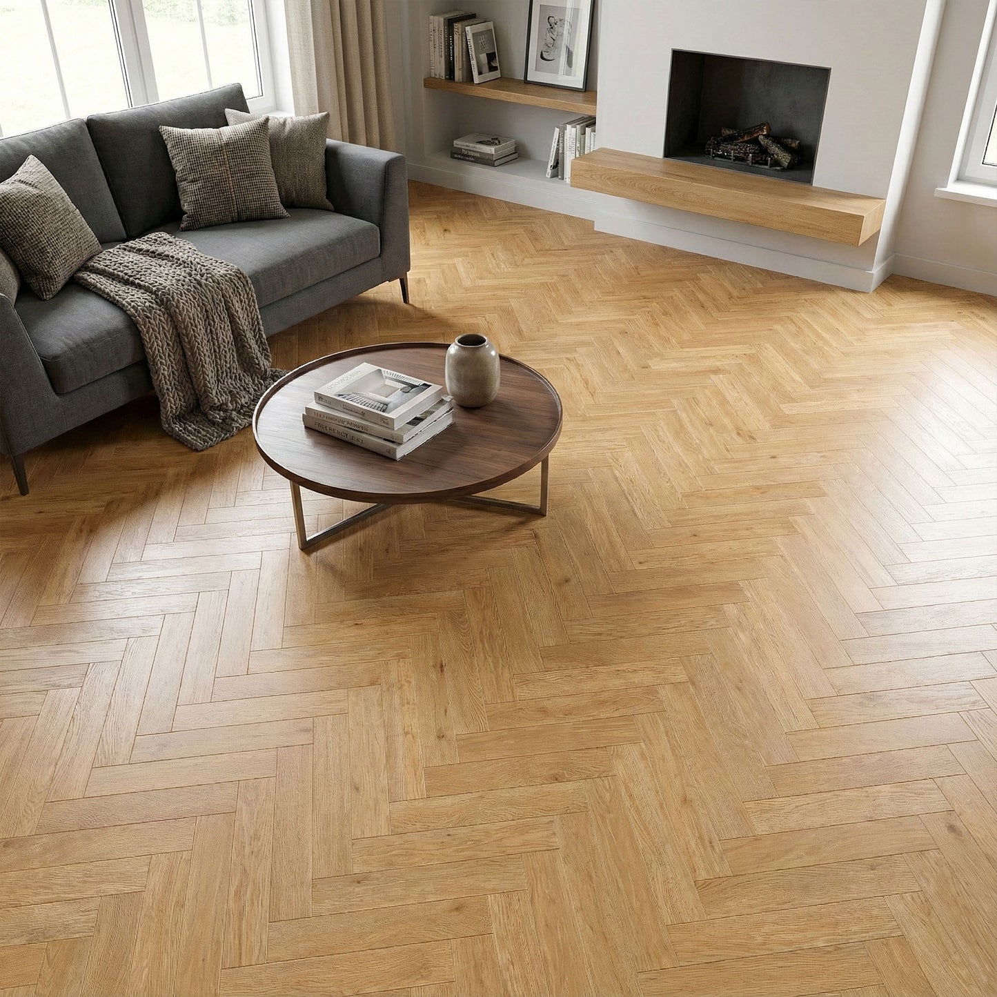 Washed Oak - Herringbone 14mm UV Lacquered Engineered Real Wood Flooring
