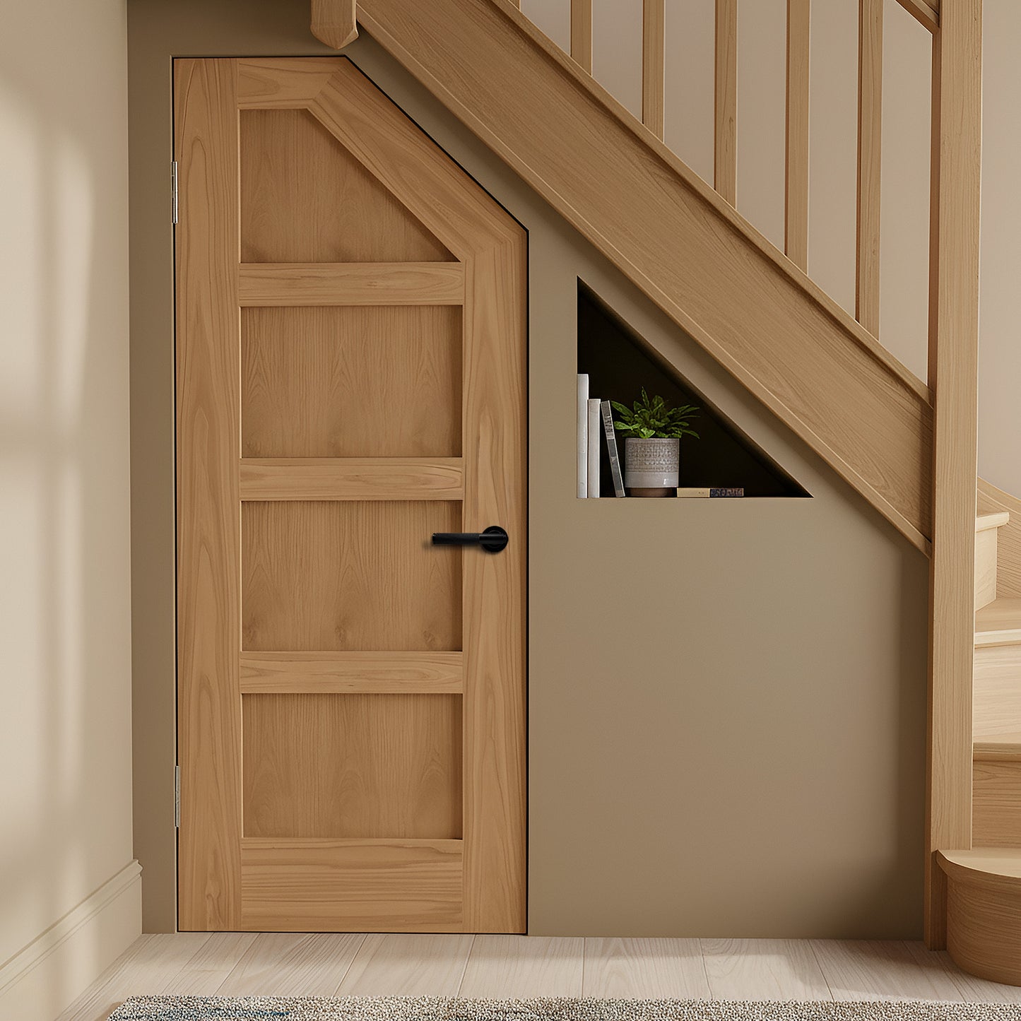 Oak Internal Unfinished Shaker 4 Panel Angled Under-Stair Made-to-Measure Cupboard FD30 Fire Door