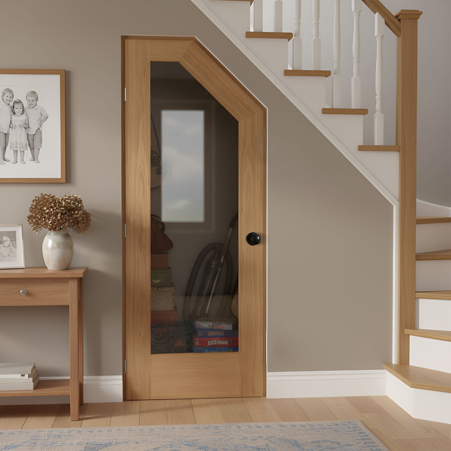 Oak Internal Unfinished Pattern 10 Clear Glass Angled Under-Stair Made-to-Measure Cupboard Door