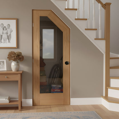 Oak Internal Unfinished Pattern 10 Clear Glass Angled Under-Stair Made-to-Measure Cupboard Door