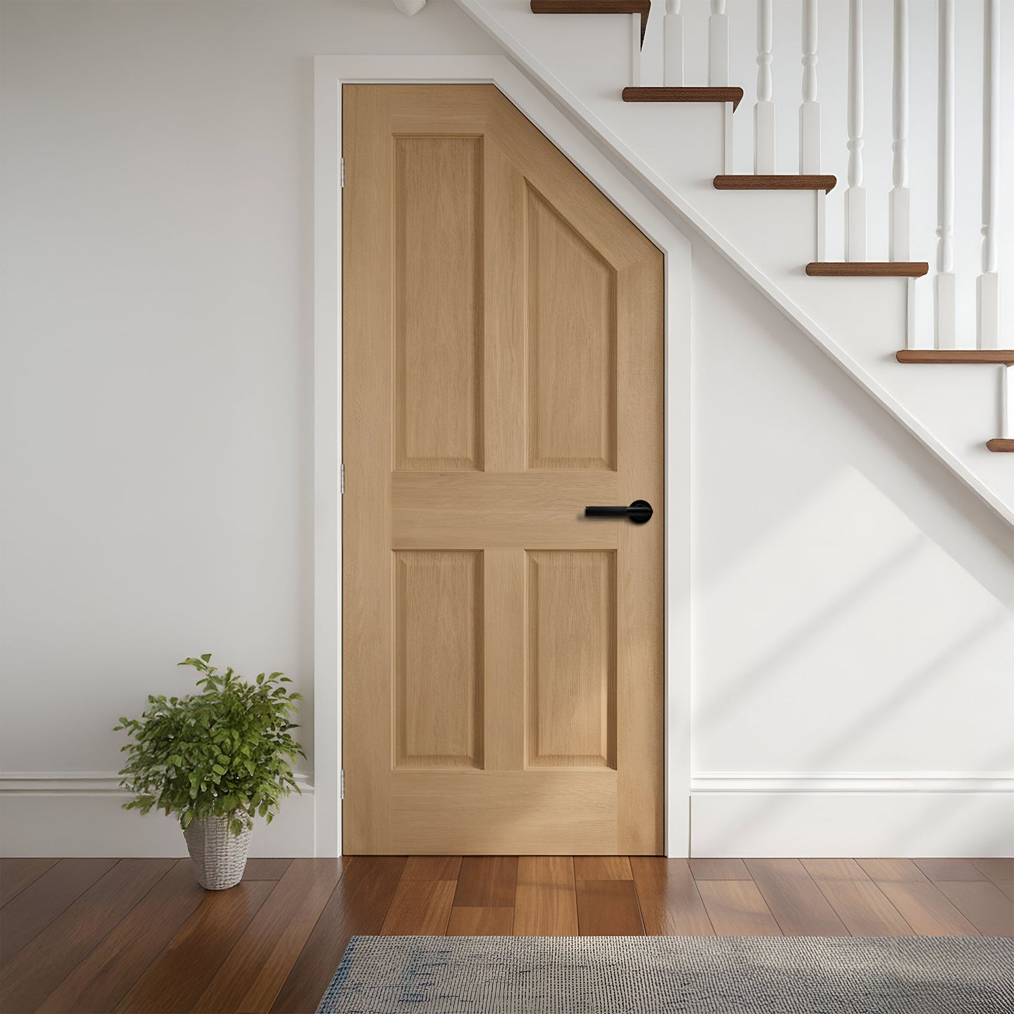 Oak Internal Unfinished Traditional Victorian 4 Panel Angled Under-Stair Made-to-Measure Cupboard FD30 Fire Door