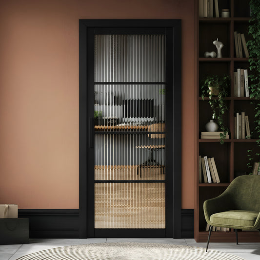 Jet Black Internal Fully Finished 4 Light Reeded Glass Industrial Studio Door (STUBL4LREED)