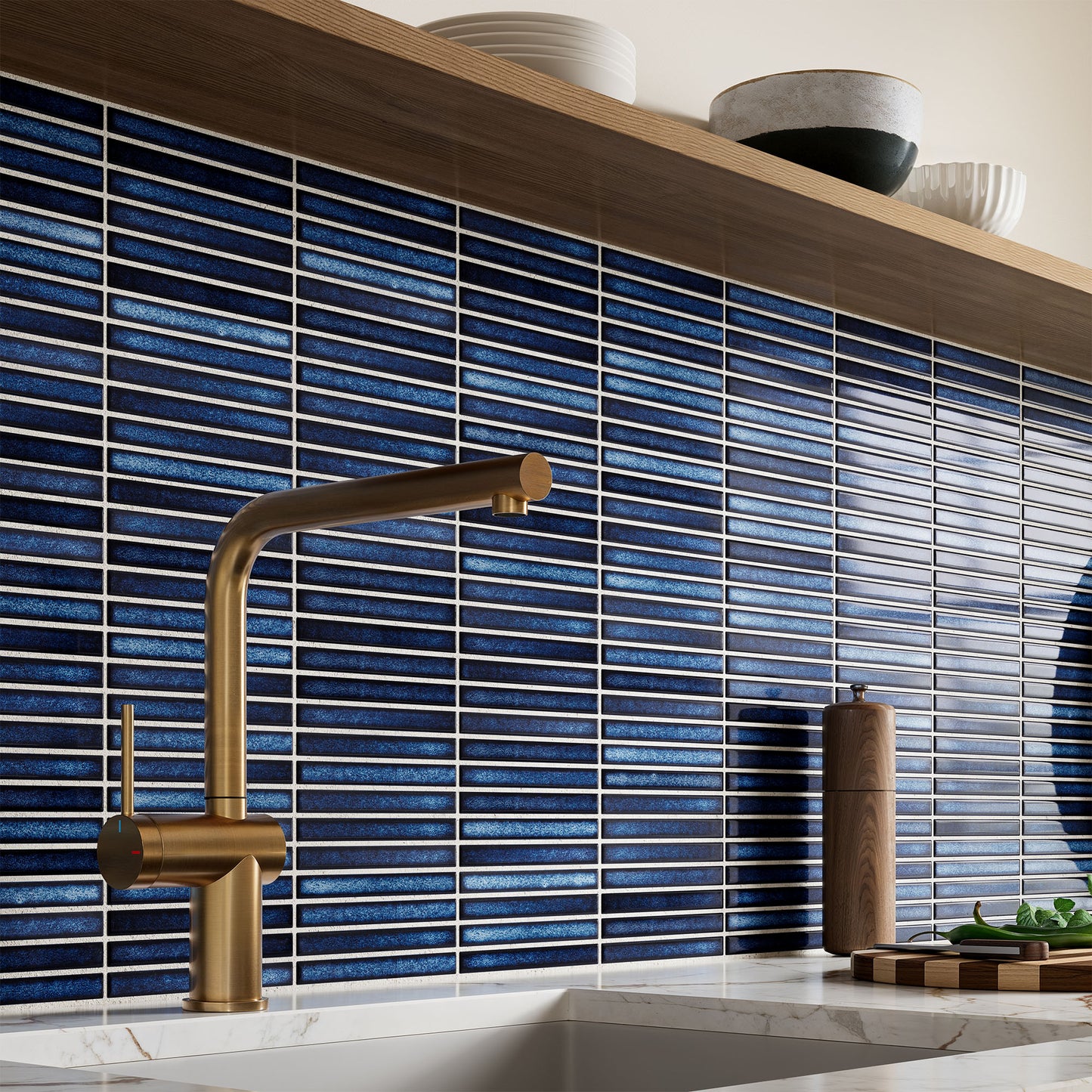 Blue Gloss - Linear Smooth Mosaic Porcelain Wall Tile Sample