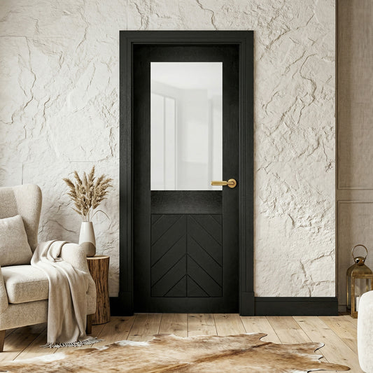 Black Internal Fully Finished Oak Chevron Clear Glass Door